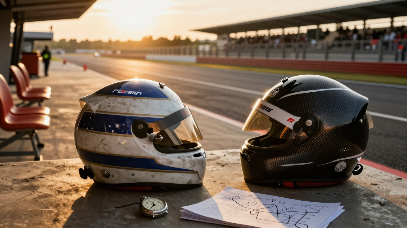 Dois capacetes de corrida e um cronómetro sobre uma mesa no pit stop de um autódromo ao pôr do sol.