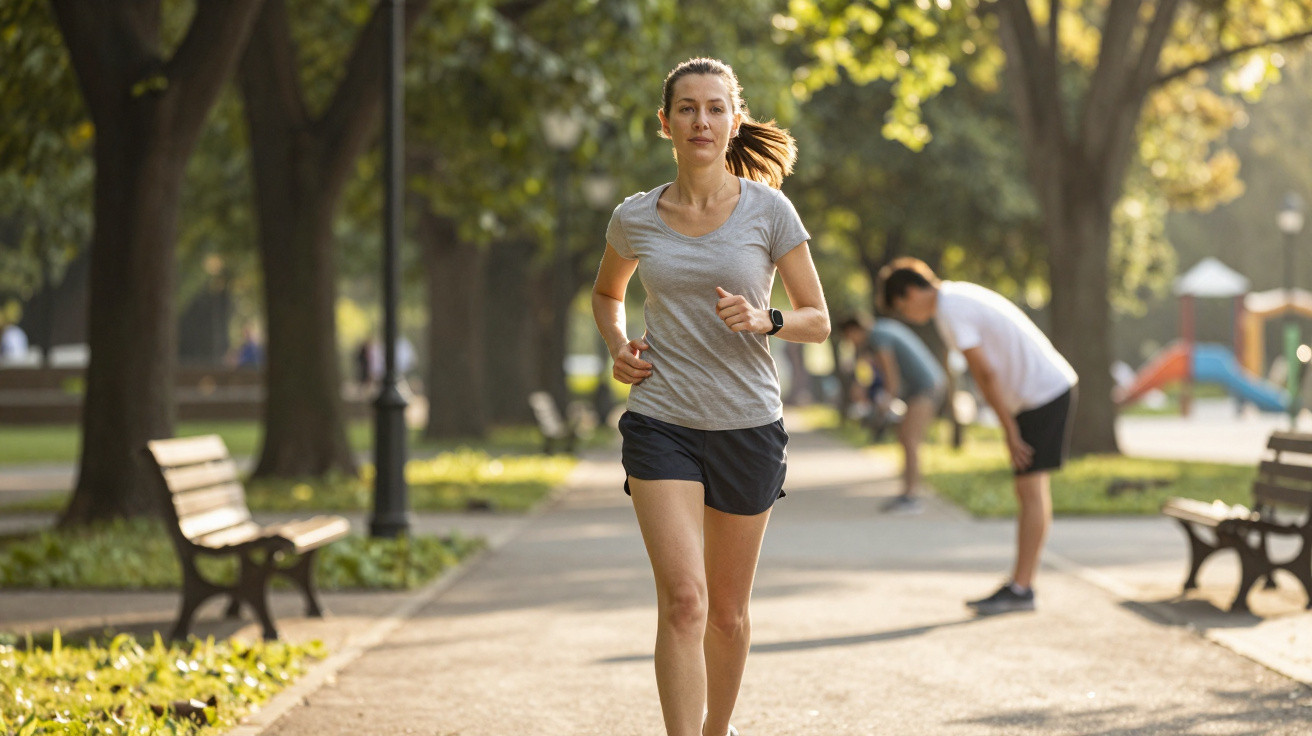 Mulher a correr num parque ensolarado com pessoas a fazer alongamentos ao fundo.