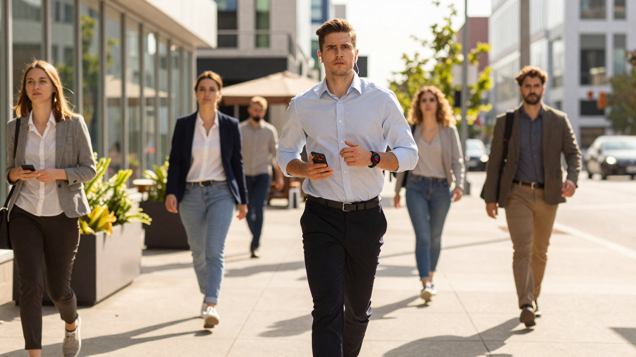 Grupo de cinco adultos vestidos formalmente a caminhar numa rua urbana moderna durante o dia.