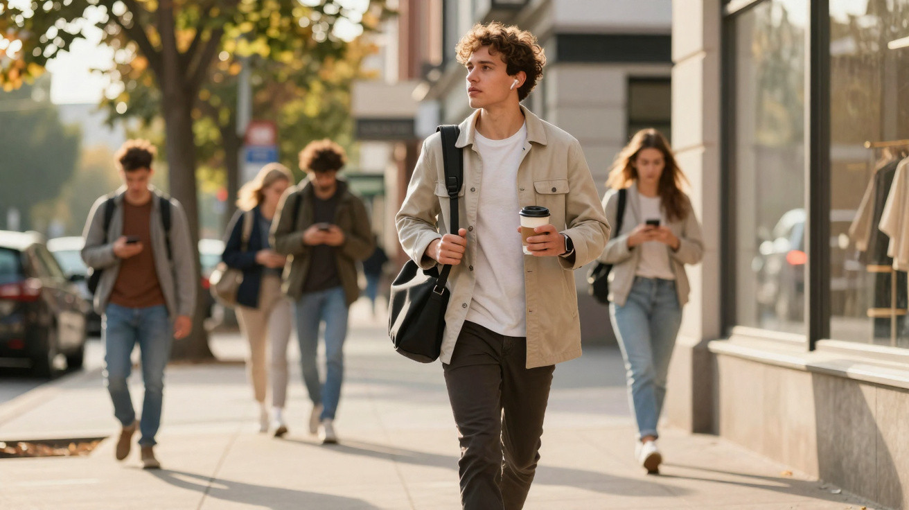 Jovem caminha numa rua urbana, segurando café e mochila, com outras pessoas ao fundo usando telemóveis.