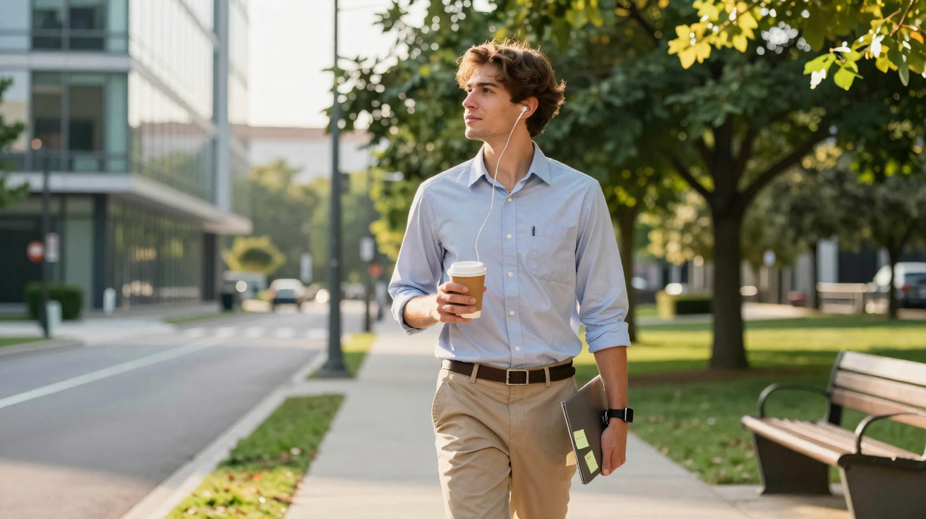 Homem jovem com camisa azul e auriculares, a andar na rua com café e portátil na mão.
