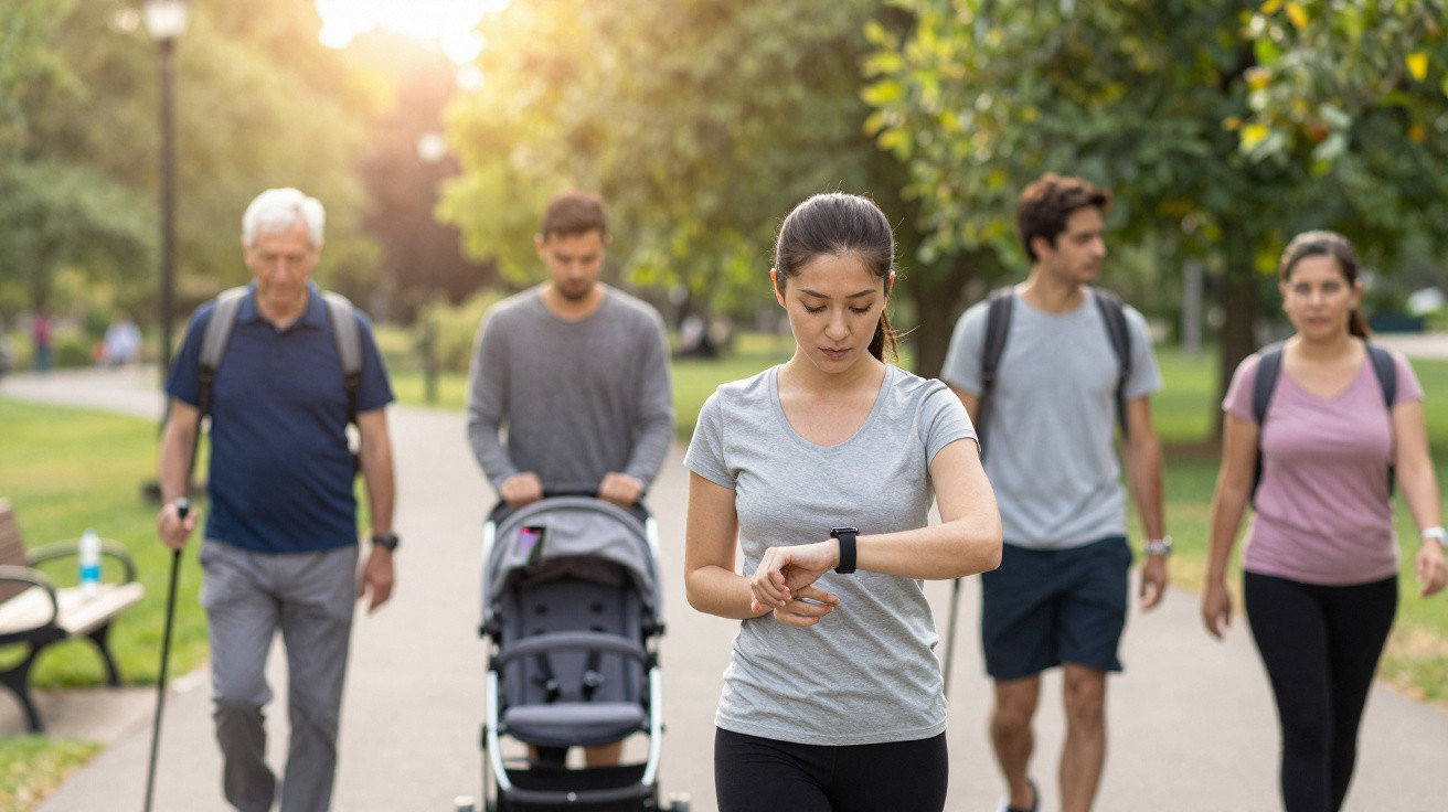 Grupo de pessoas a caminhar num parque ensolarado, com uma mulher a ver o relógio inteligente.