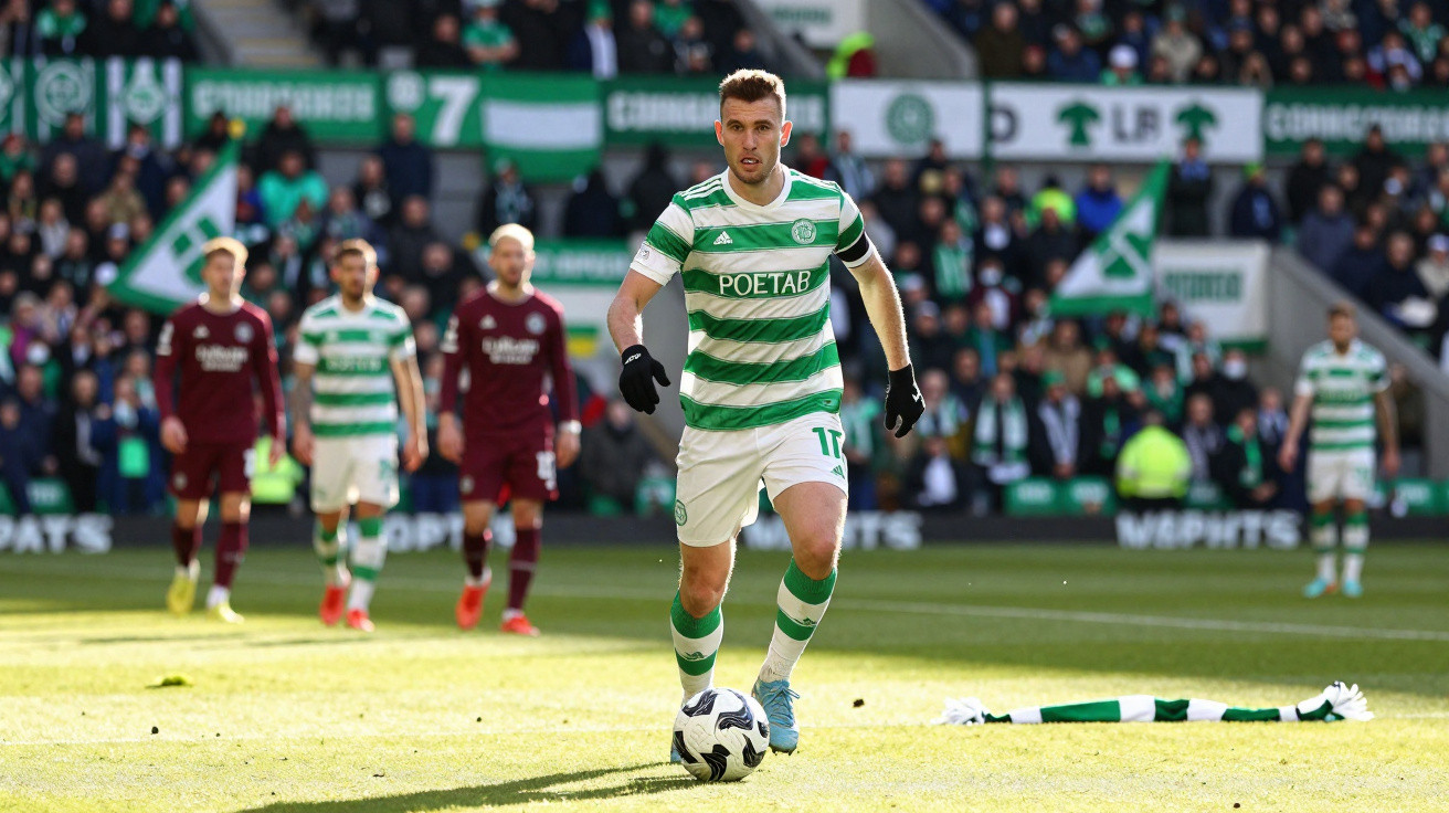 Jogador do Celtic em destaque a conduzir a bola durante jogo com adversários em fundo desfocado.