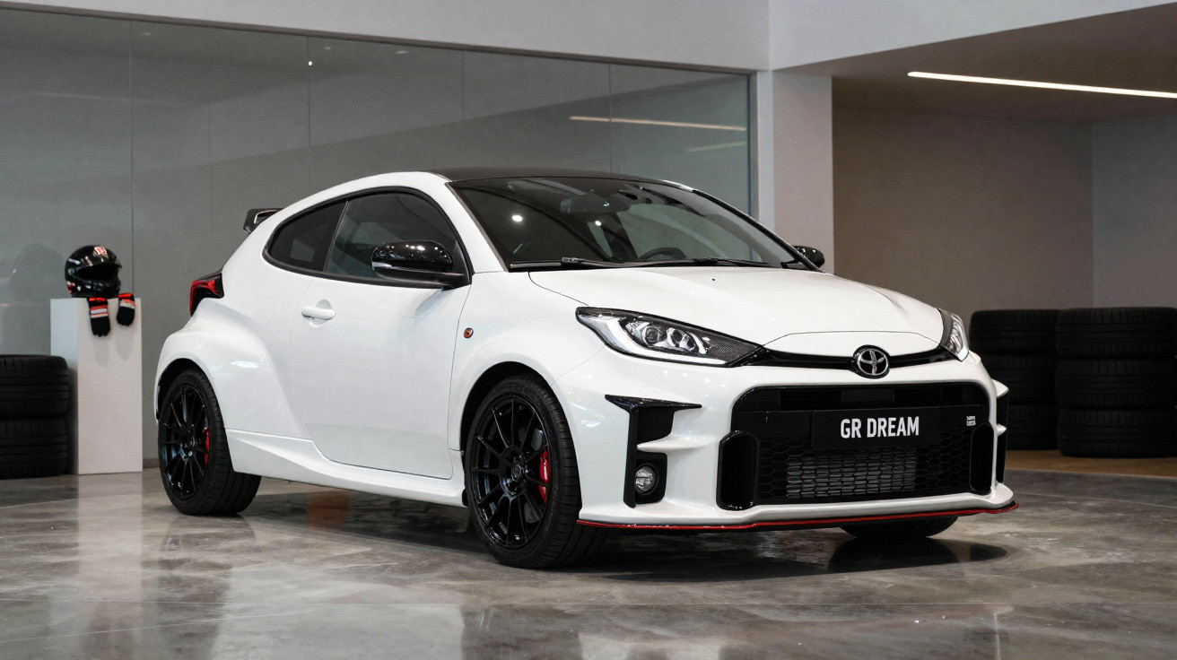 Carro desportivo Toyota branco modelo GR Dream estacionado em garagem moderna com pneus ao fundo.