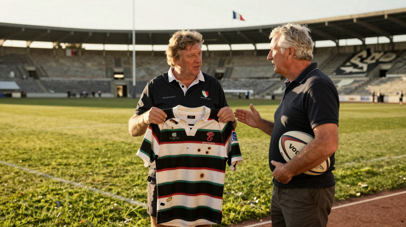 Dois homens conversam num estádio de rugby, um segura uma camisola riscada e o outro segura uma bola de rugby.