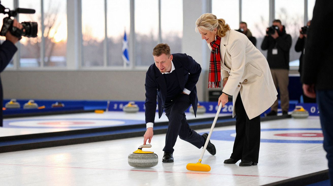 Duas pessoas vestidas formalmente jogam curling numa pista coberta, com fotógrafos ao fundo.