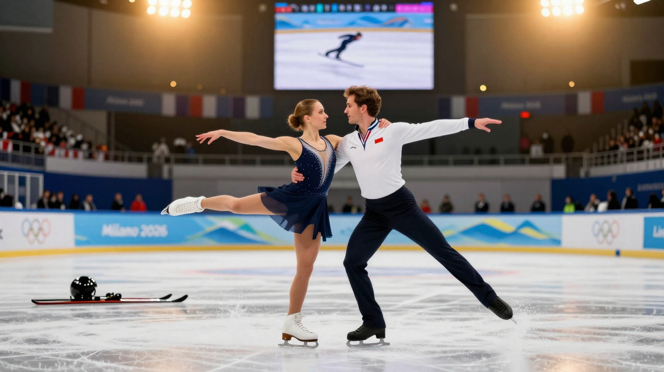 Casal de patinagem artística em pose elegante durante competição em pista de gelo.