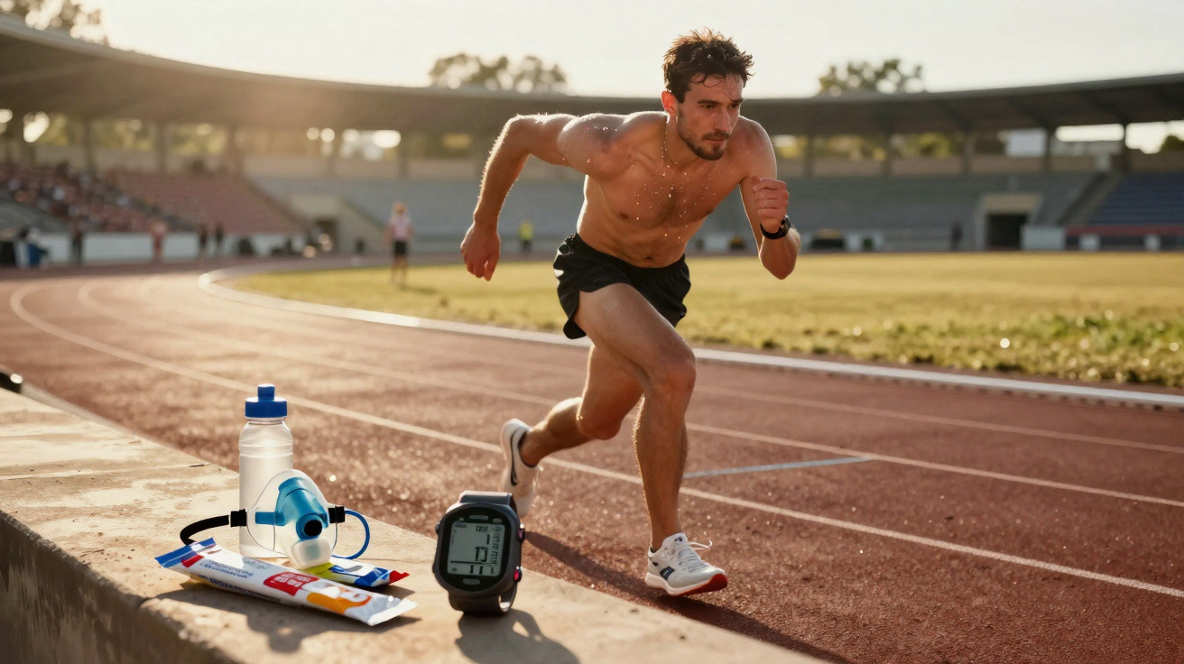 Atleta a correr na pista de atletismo, com garrafa de água, monitor cardíaco e suplementos no primeiro plano.