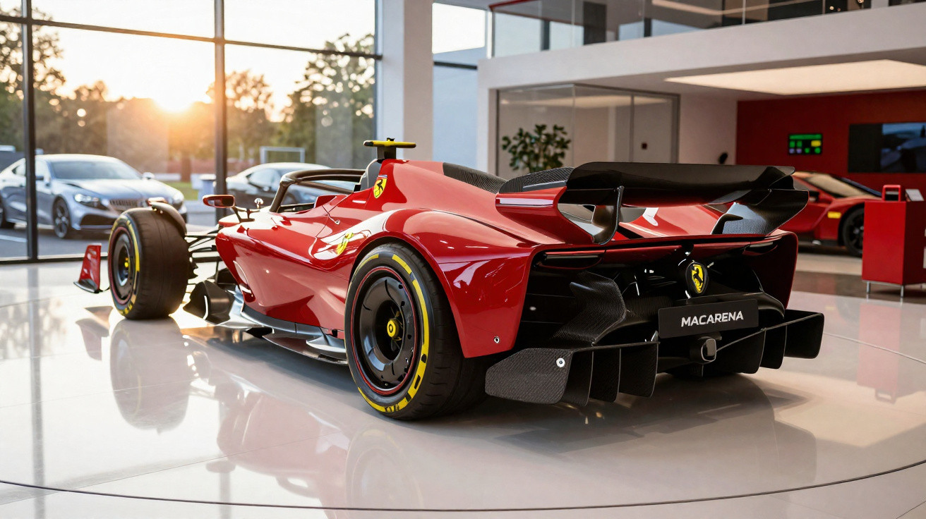 Carro de Fórmula 1 vermelho Ferrari em exposição numa loja moderna com grandes janelas e luz natural.