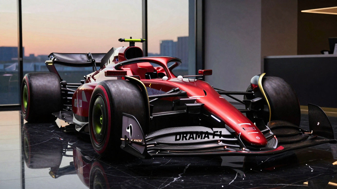 Carro de Fórmula 1 vermelho estacionado em piso de mármore com vista de cidade ao pôr do sol.