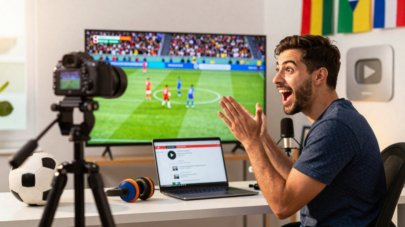 Homem entusiasta a comentar jogo de futebol em vídeo, com câmara, computador, microfone e bola numa mesa.