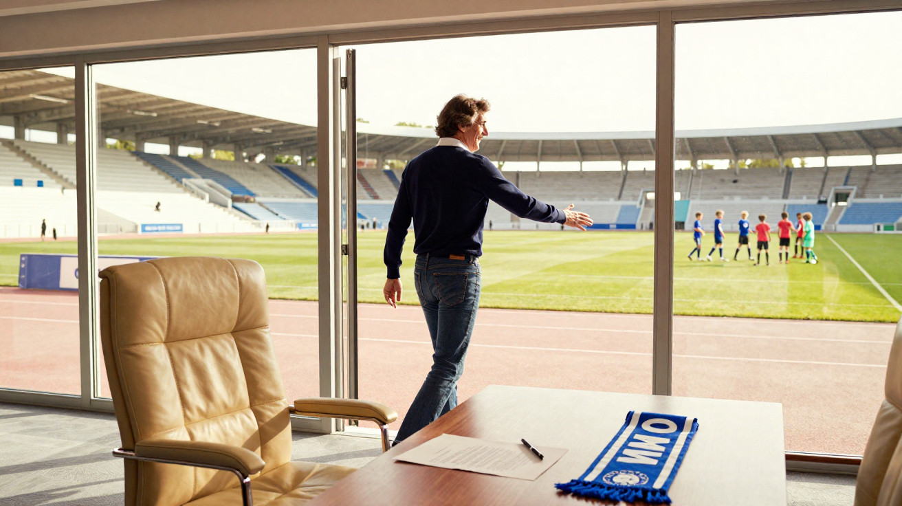 Homem de casaco azul junto a mesa observa crianças num campo de futebol num estádio com cadeiras vazias.