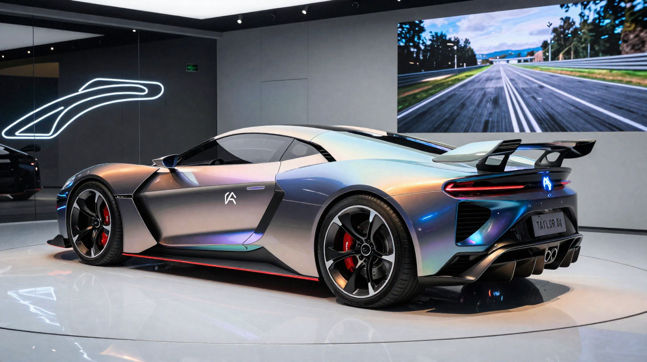 Carro desportivo elétrico cinza com design futurista em exposição interior moderna.