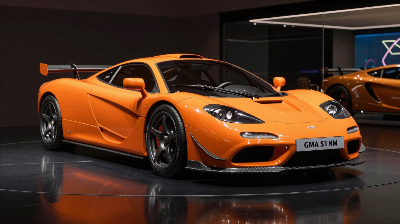 Carro desportivo laranja brilhante com spoiler traseiro, rodas escuras e matrícula GMA S1 NM.
