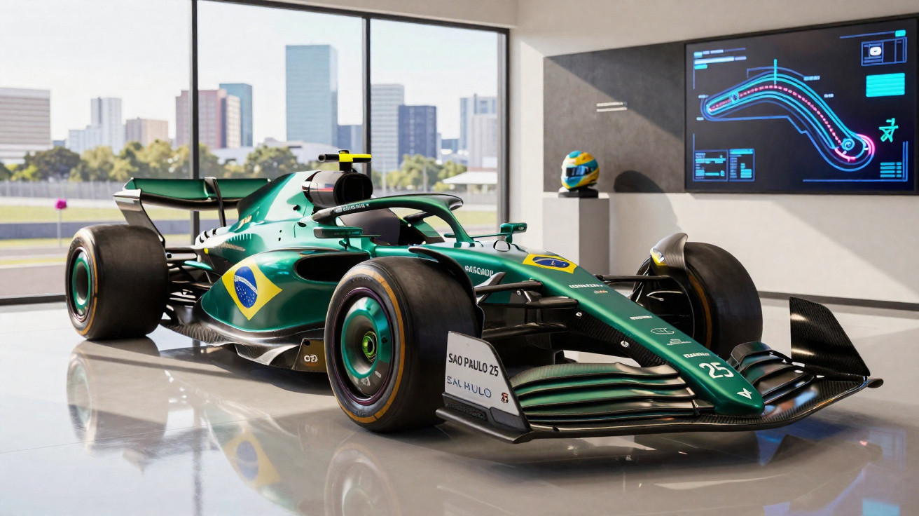 Carro de Fórmula 1 verde com bandeira do Brasil, num espaço interior com vista para cidade e ecrã com circuito.