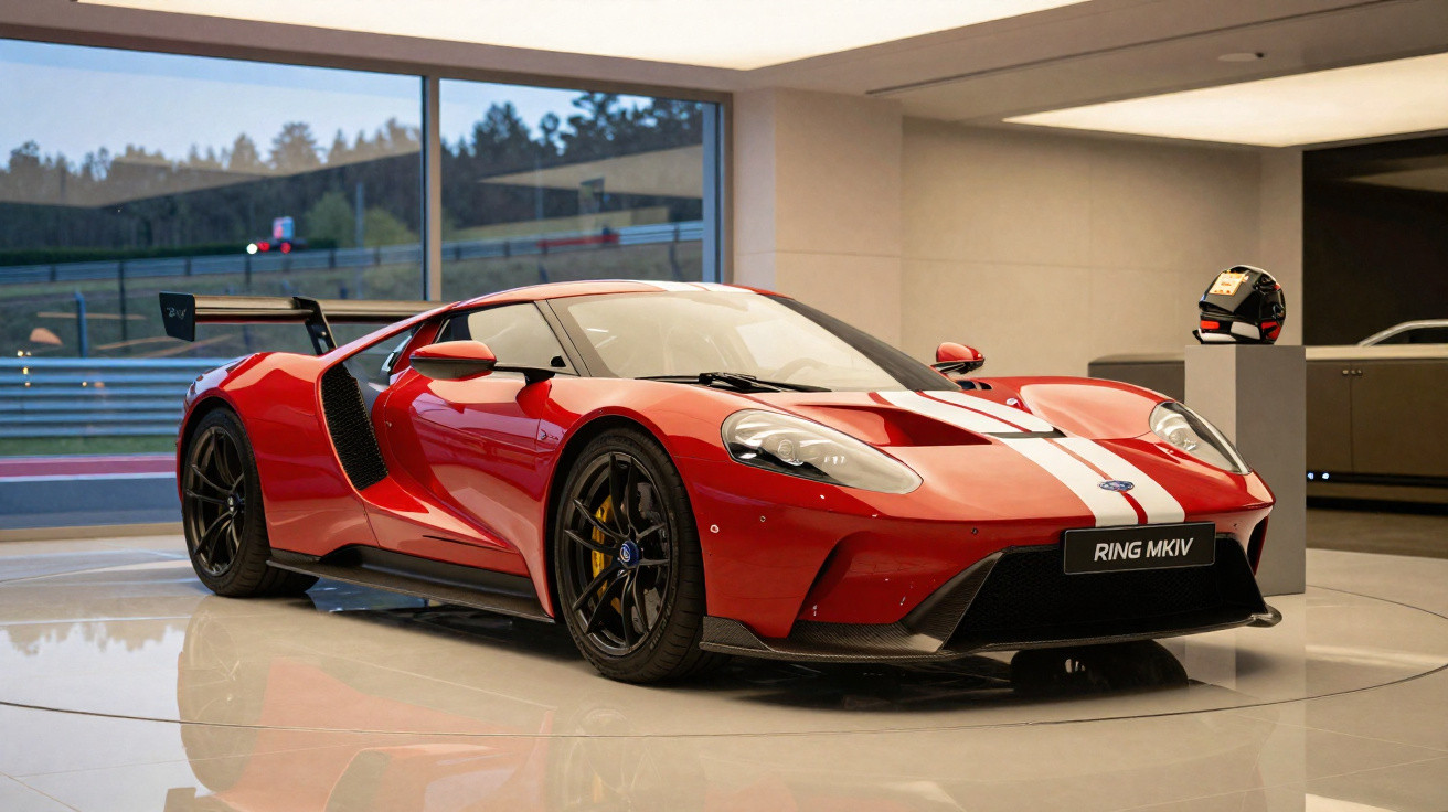 Carro desportivo vermelho Ford GT MK IV com faixa branca, exposição interior moderna com vidros grandes.