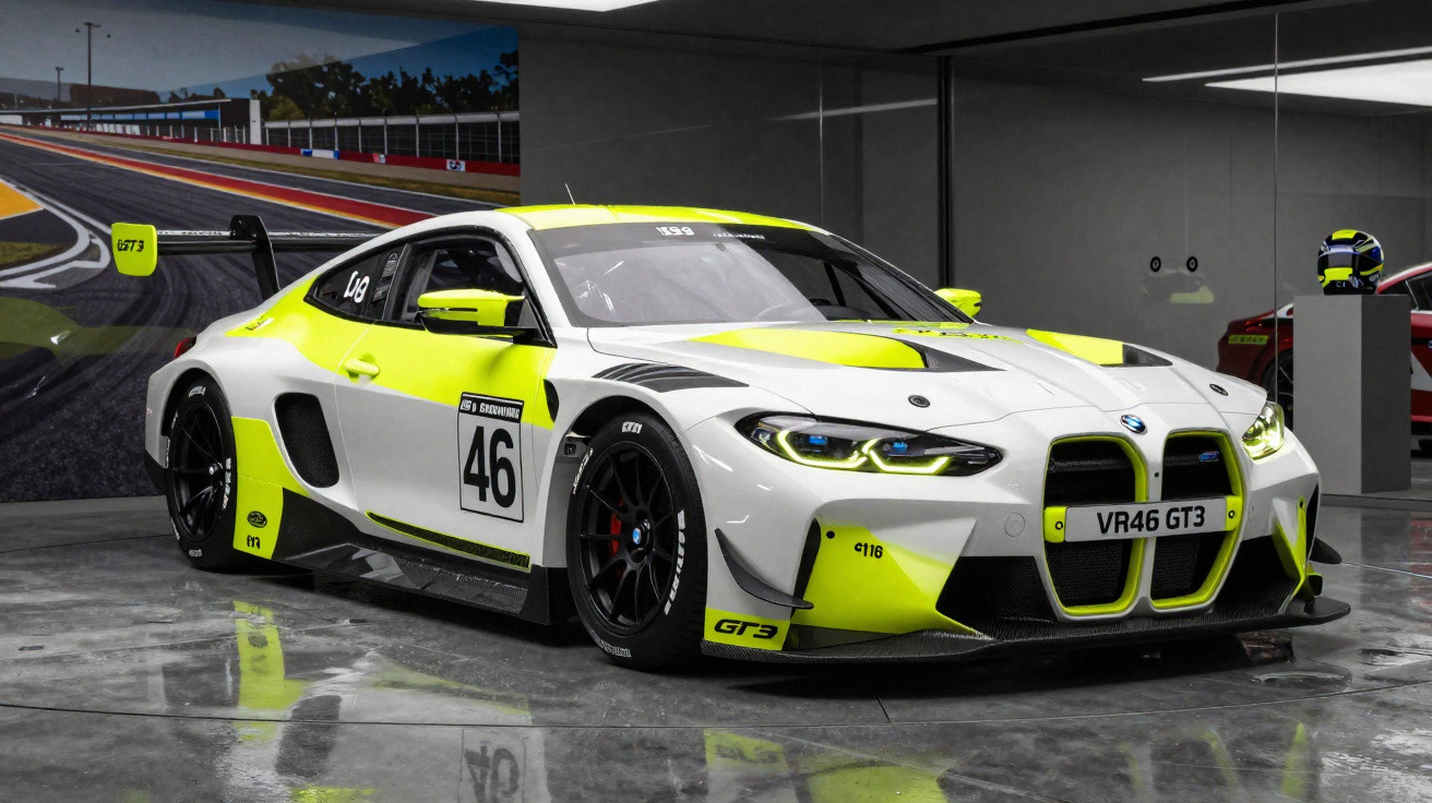 Carro de corrida BMW GT3 branco com detalhes amarelos numa garagem iluminada.