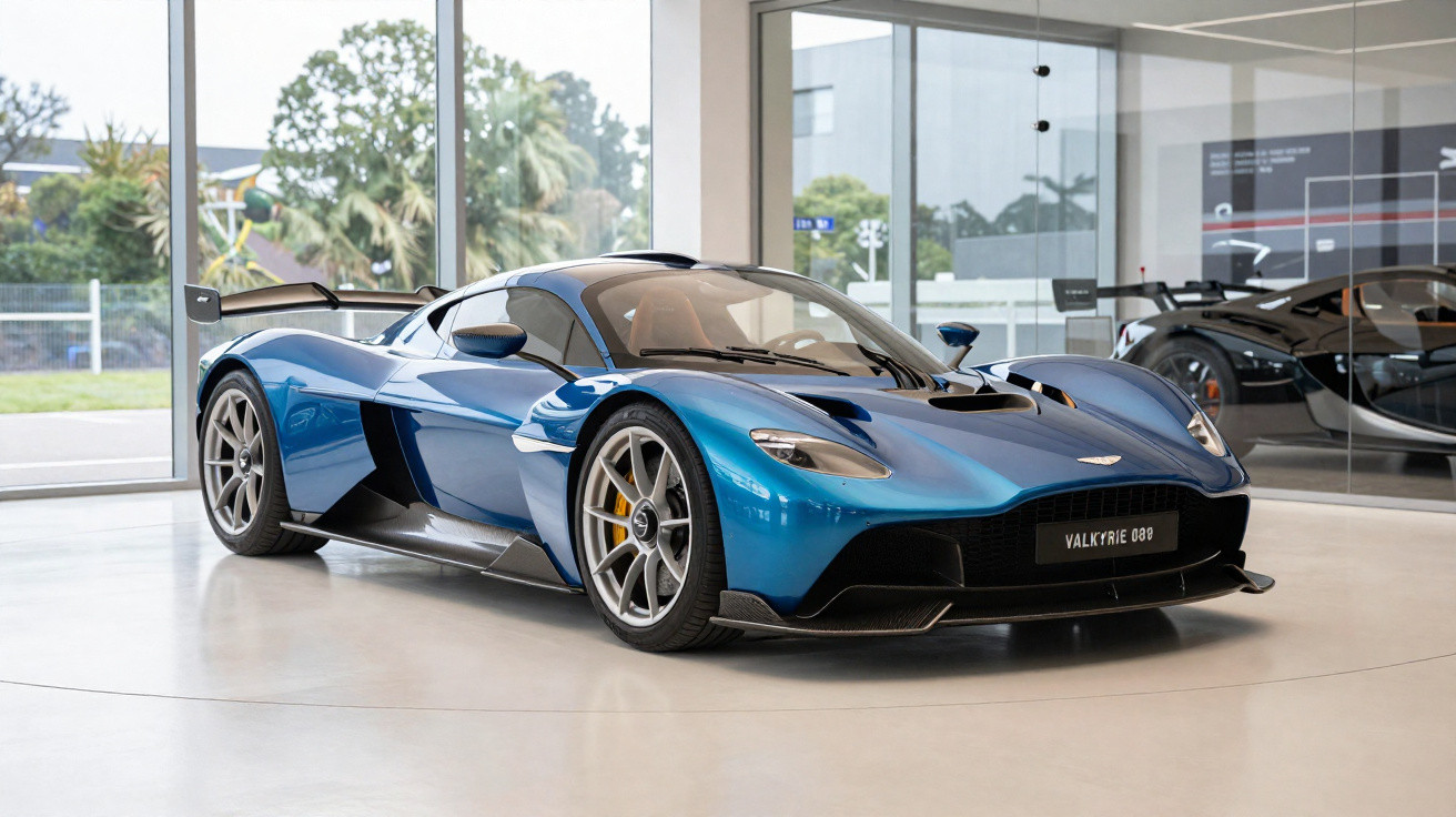 Carro desportivo azul Aston Martin Valkyrie 009 estacionado em showroom moderno com janelas de vidro.
