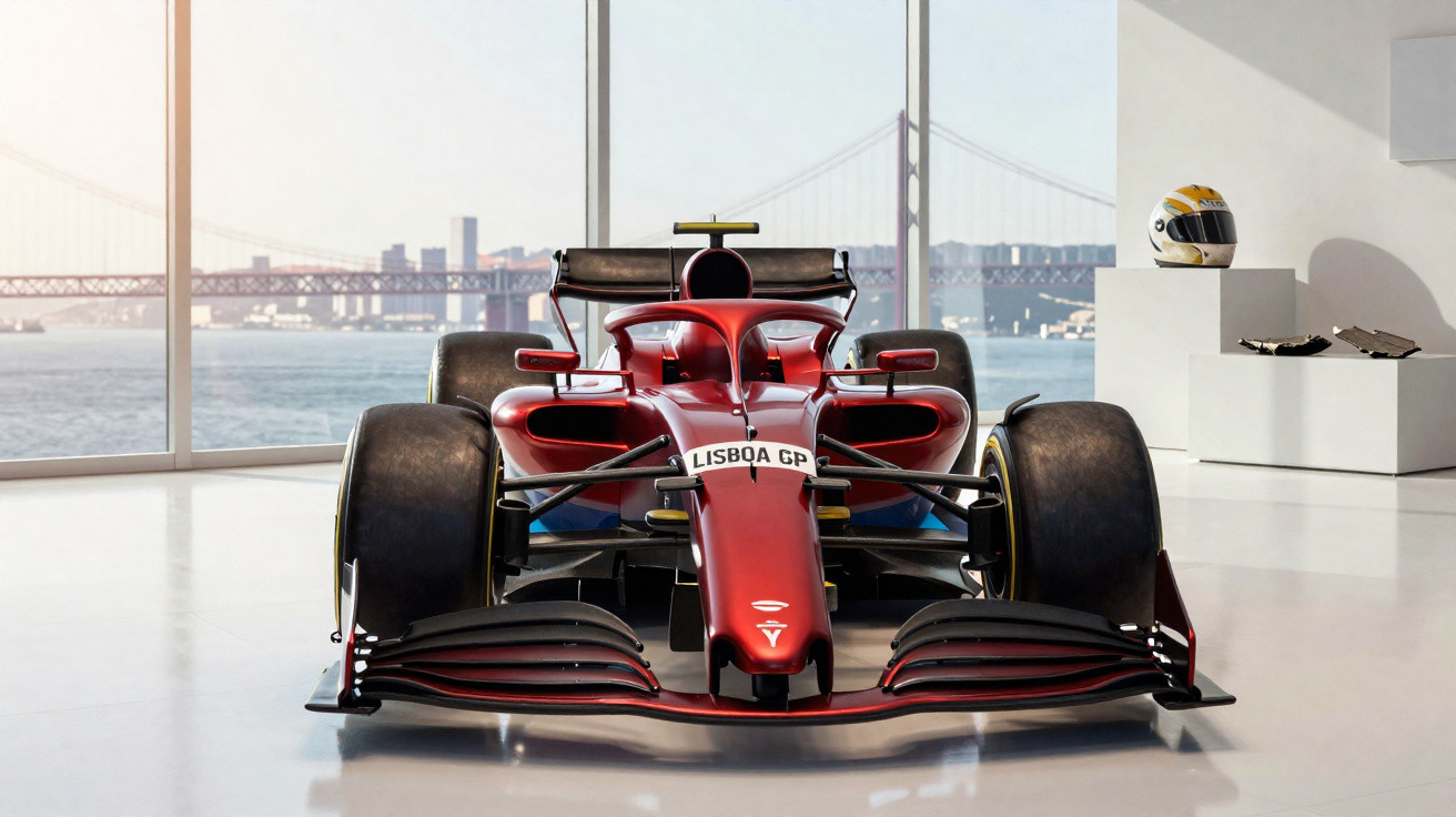 Carro de Fórmula 1 vermelho com placa "Lisboa GP" em exposição num espaço com vista para uma ponte sobre água.