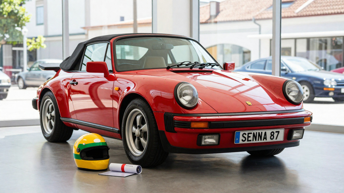 Carro desportivo clássico vermelho com capota preta, capacete amarelo e documento no chão, interior moderno iluminado.