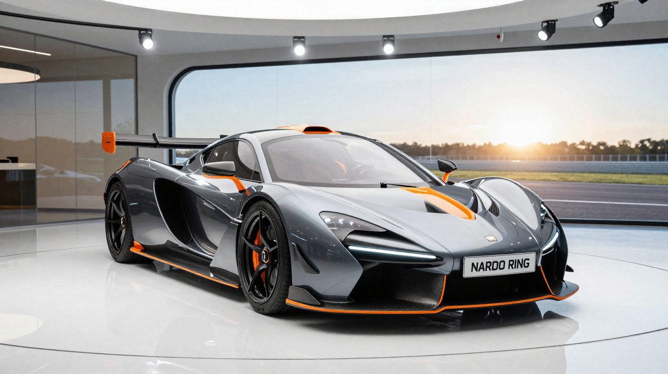 Carro desportivo cinzento com detalhes laranja numa sala moderna com janela e vista para pista de corrida.