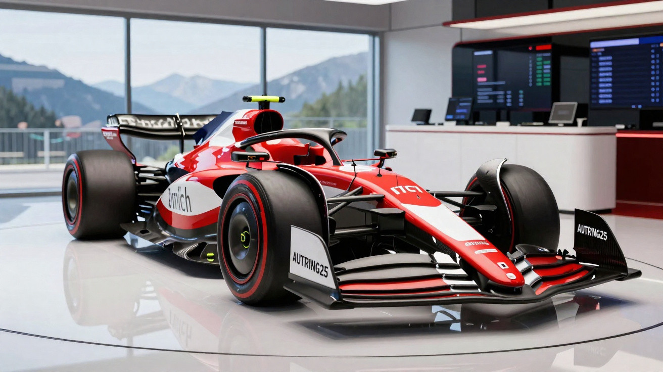 Carro de Formula 1 vermelho e branco numa sala de exposições com vista para montanhas.