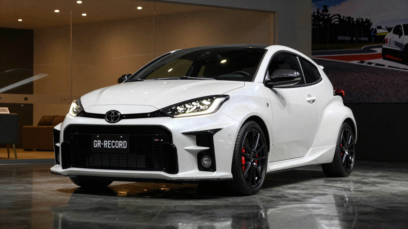 Carro desportivo branco Toyota GR-Record estacionado em interior com piso refletor.