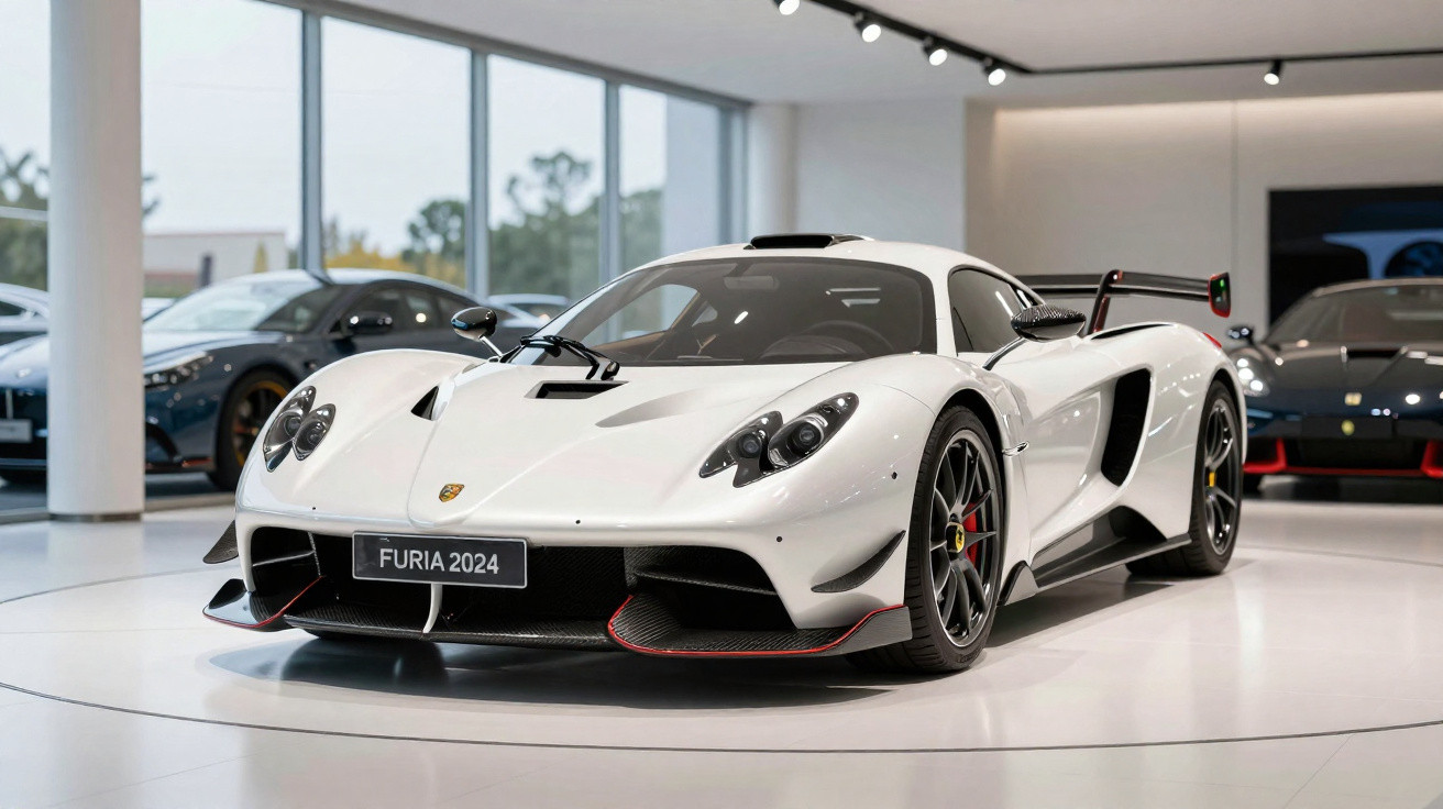 Carro desportivo branco Porsche Furia 2024 em exposição numa sala moderna com grandes janelas.