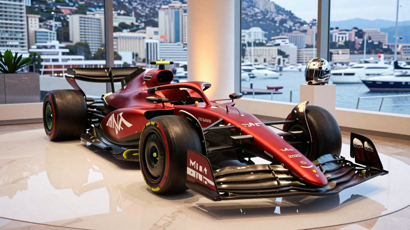 Carro de Fórmula 1 vermelho numa exposição interior com vista para marina e edifícios ao fundo.