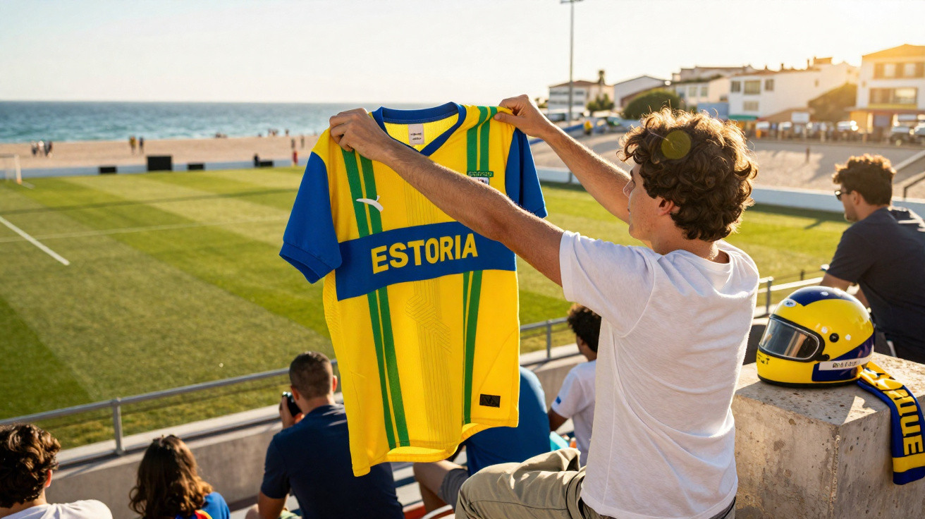 Jovem sentado nas bancadas de um campo de futebol à beira-mar segura camisola amarela e azul com a inscrição Estoria.
