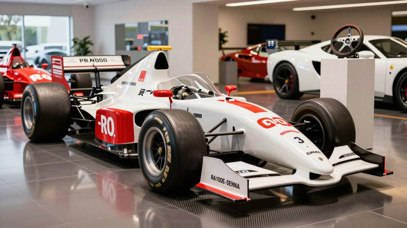 Carro de Fórmula 1 branco e vermelho exposto num salão com outros carros desportivos ao fundo.