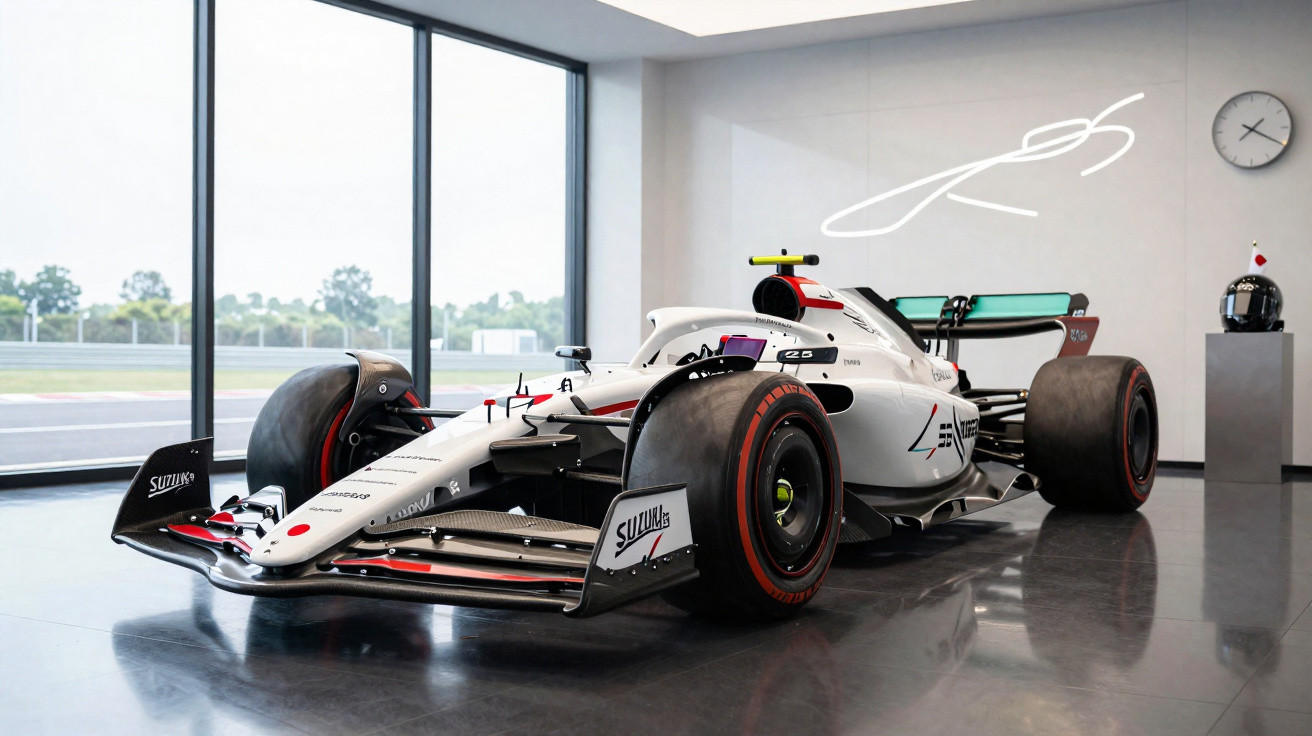 Carro de Fórmula 1 branco com detalhes negros e vermelhos, exposto em sala moderna com paredes brancas e janelas grandes.