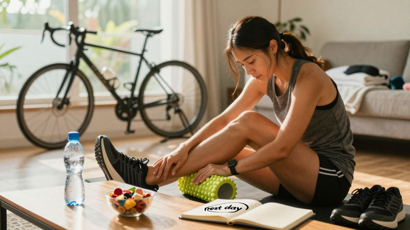 Mulher a fazer alongamentos com rolo de espuma em casa, com bicicleta e smoothie na mesa.