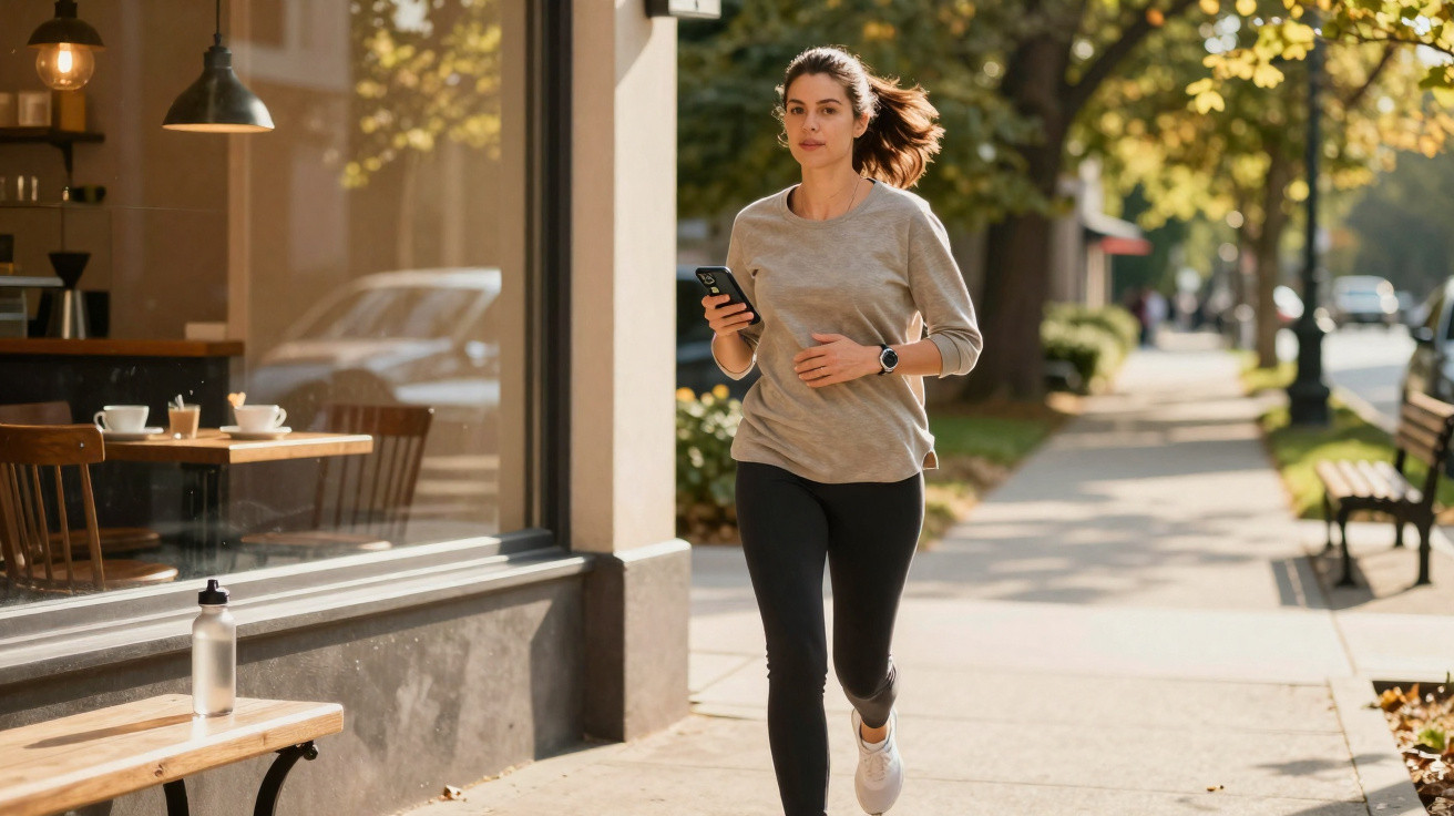 Mulher a correr na calçada urbana com roupa desportiva, segurando telemóvel e relógio no pulso.