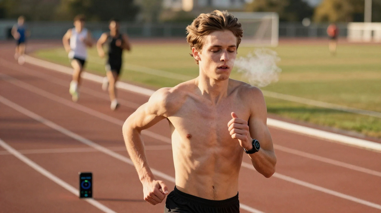 Homem atlético a correr na pista de atletismo ao ar livre durante o pôr do sol.