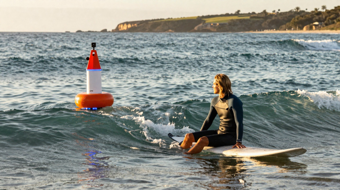 Surfista sentado numa prancha junto a uma bóia em mar calmo, com costa e colina ao fundo ao entardecer.