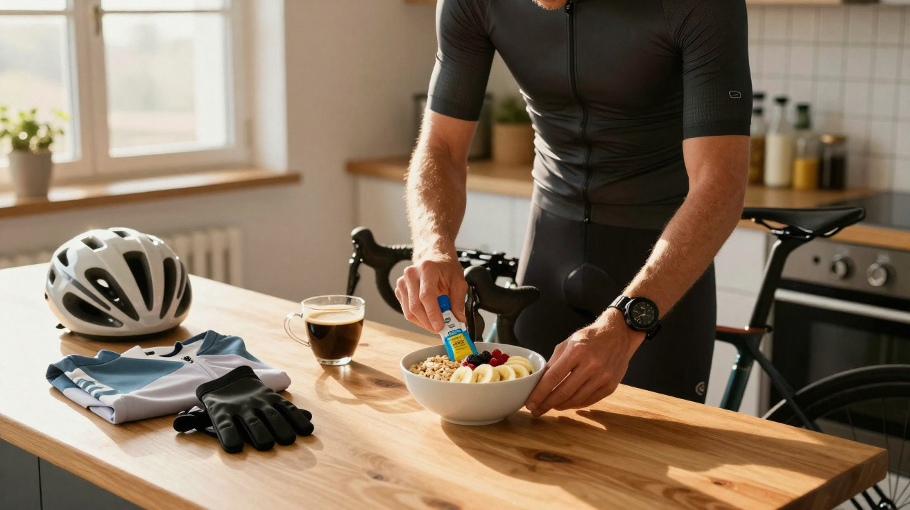 Ciclista prepara uma refeição saudável com frutas, café e equipamento de ciclismo numa cozinha iluminada.