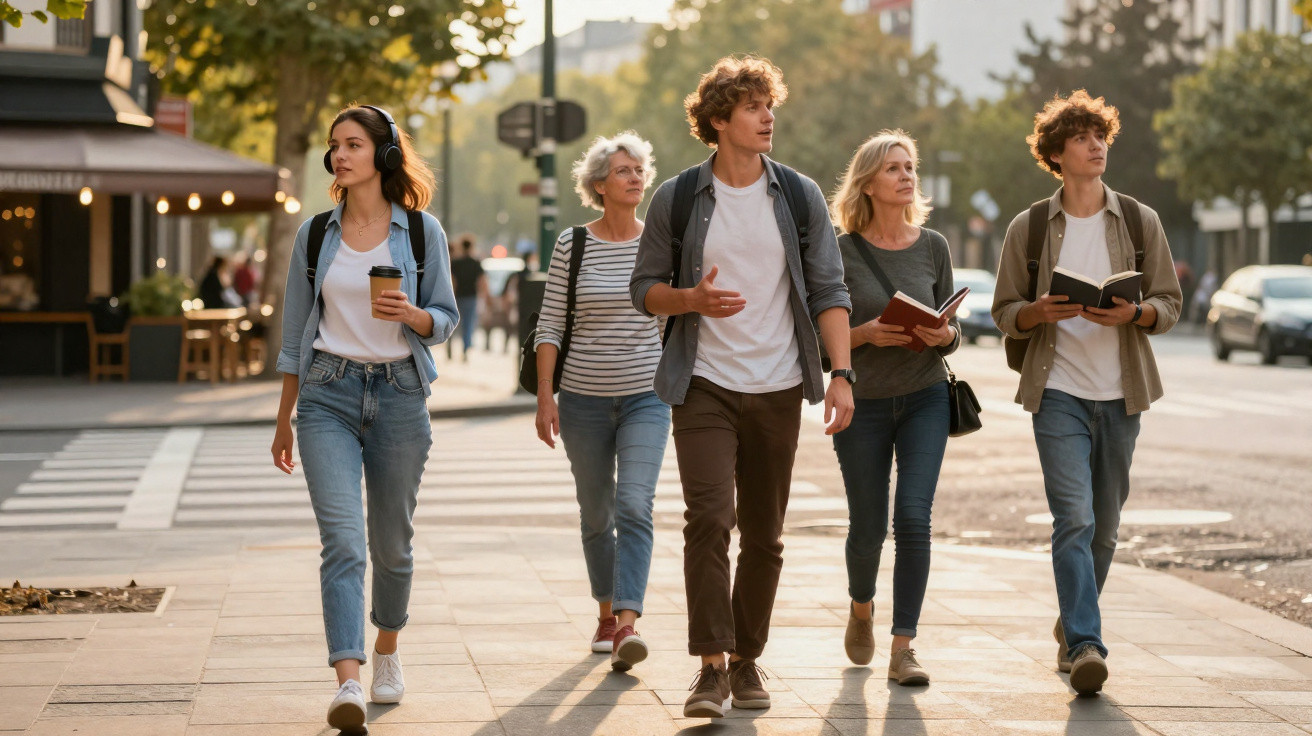 Cinco pessoas a caminhar juntas numa calçada urbana com livros e copo de café ao fim da tarde.