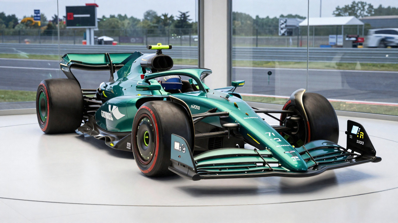 Carro de Fórmula 1 verde com detalhes pretos e vermelhos exposto em espaço moderno com vista para pista.