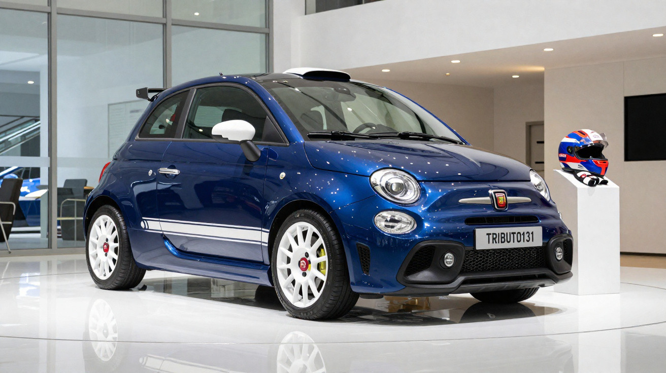 Automóvel desportivo compacto azul com jantes brancas exposto em salão moderno, capacete de corrida ao lado.