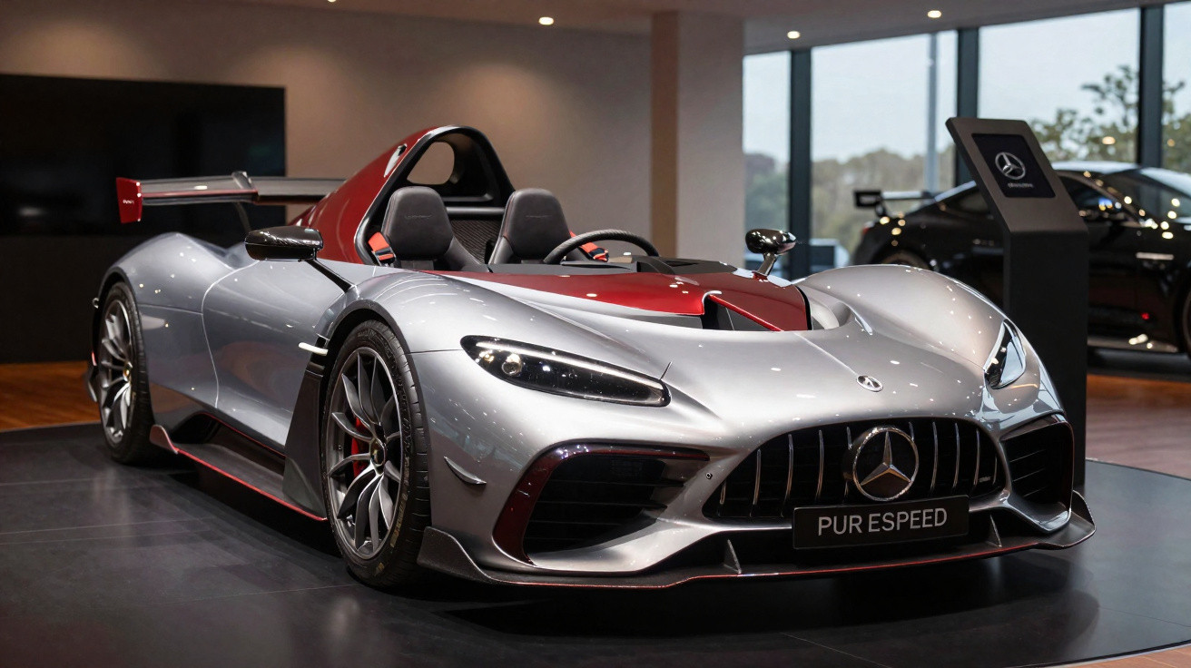 Carro desportivo Mercedes-Benz prata e vermelho, modelo descapotável, exibido em salão automóvel.