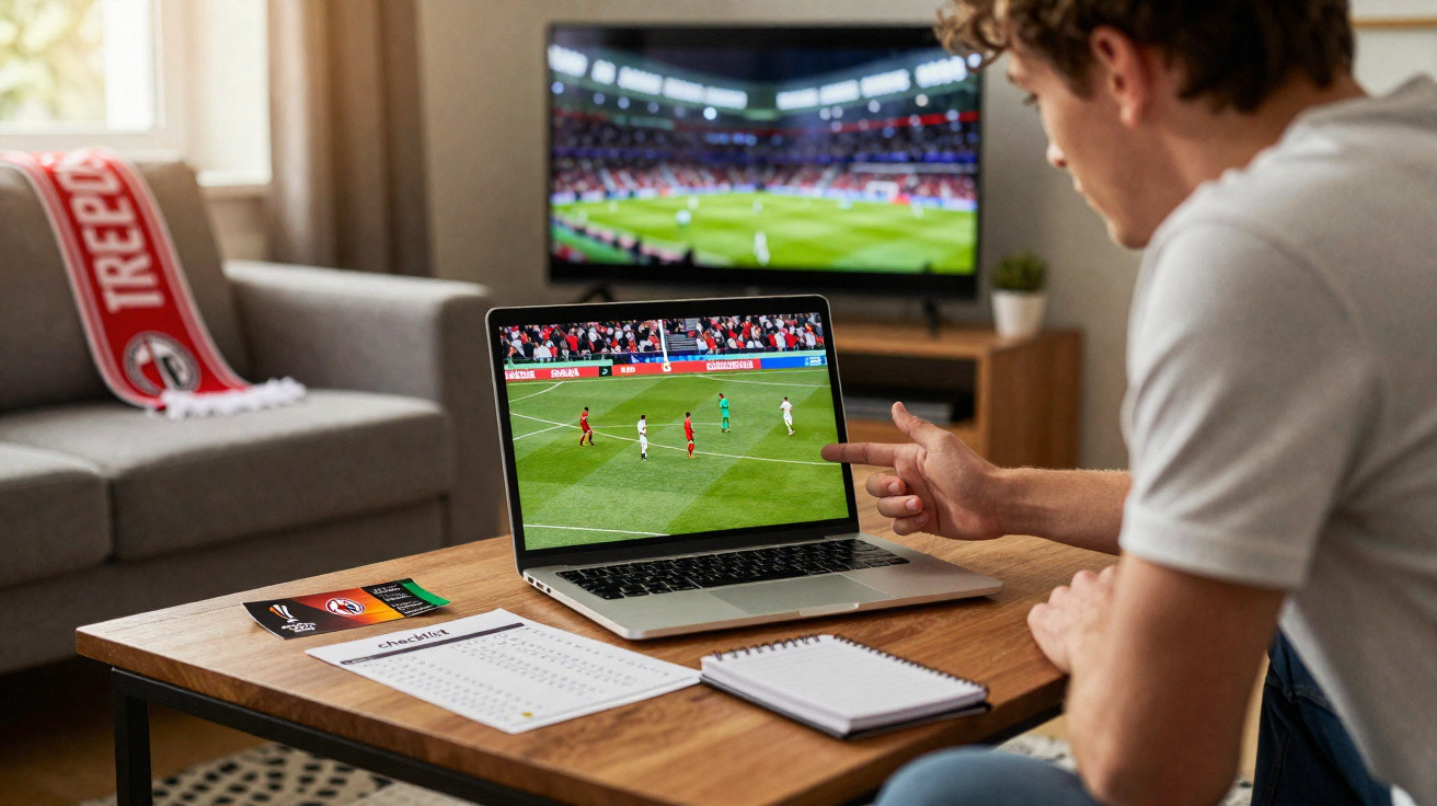Homem sentado a ver jogo de futebol no portátil com televisão ligada ao fundo numa sala.