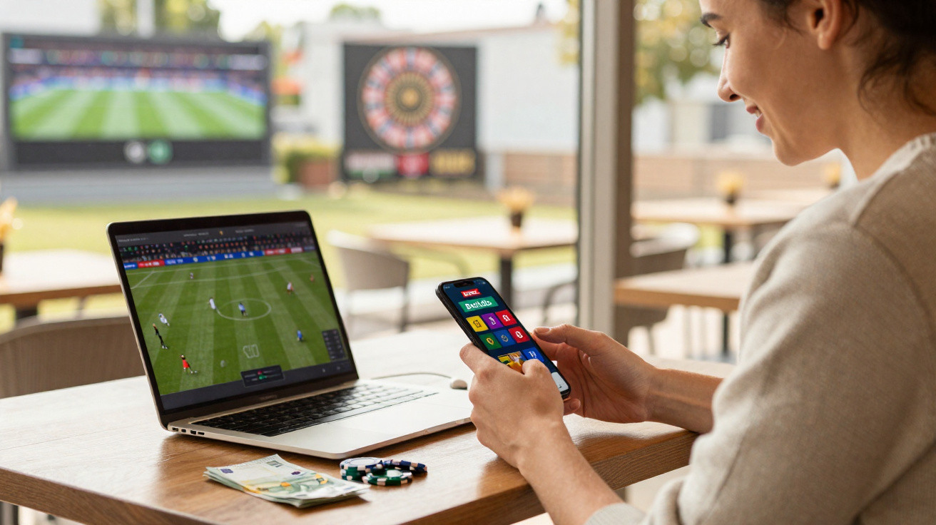 Mulher a apostar online com smartphone, computador e fichas de aposta num café durante um jogo de futebol.