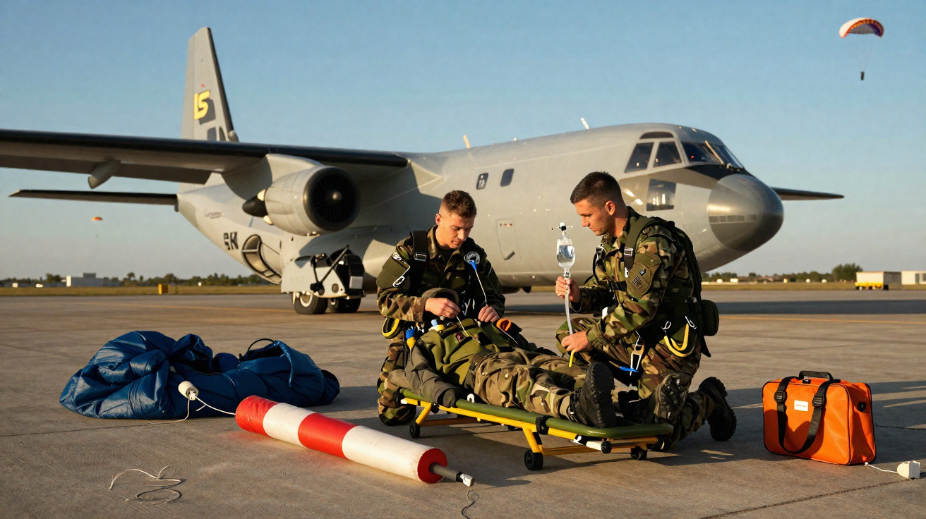 Soldados em uniforme militar prestam assistência a camarada ferido na pista junto a avião de transporte e equipamento de para