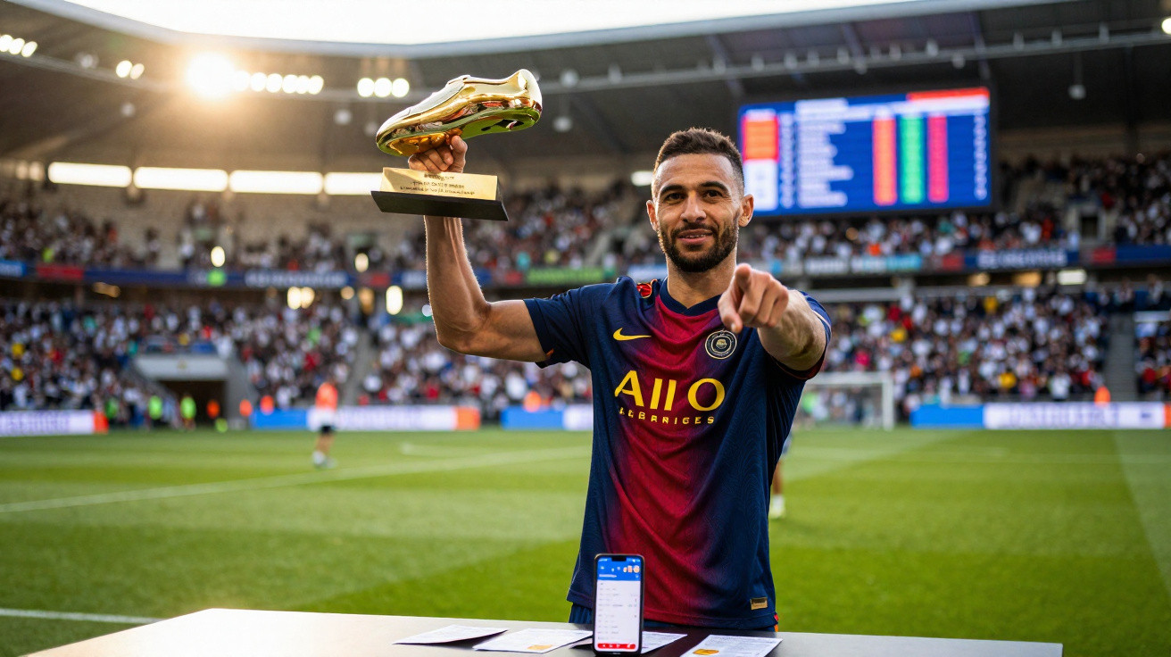 Jogador do Paris Saint-Germain a segurar troféu da chuteira de ouro num estádio cheio de adeptos.