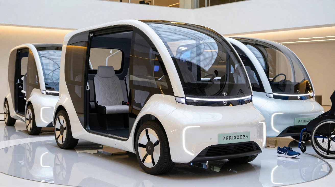 Dois veículos autónomos pequenos, brancos e futuristas, exibidos num espaço interior moderno.