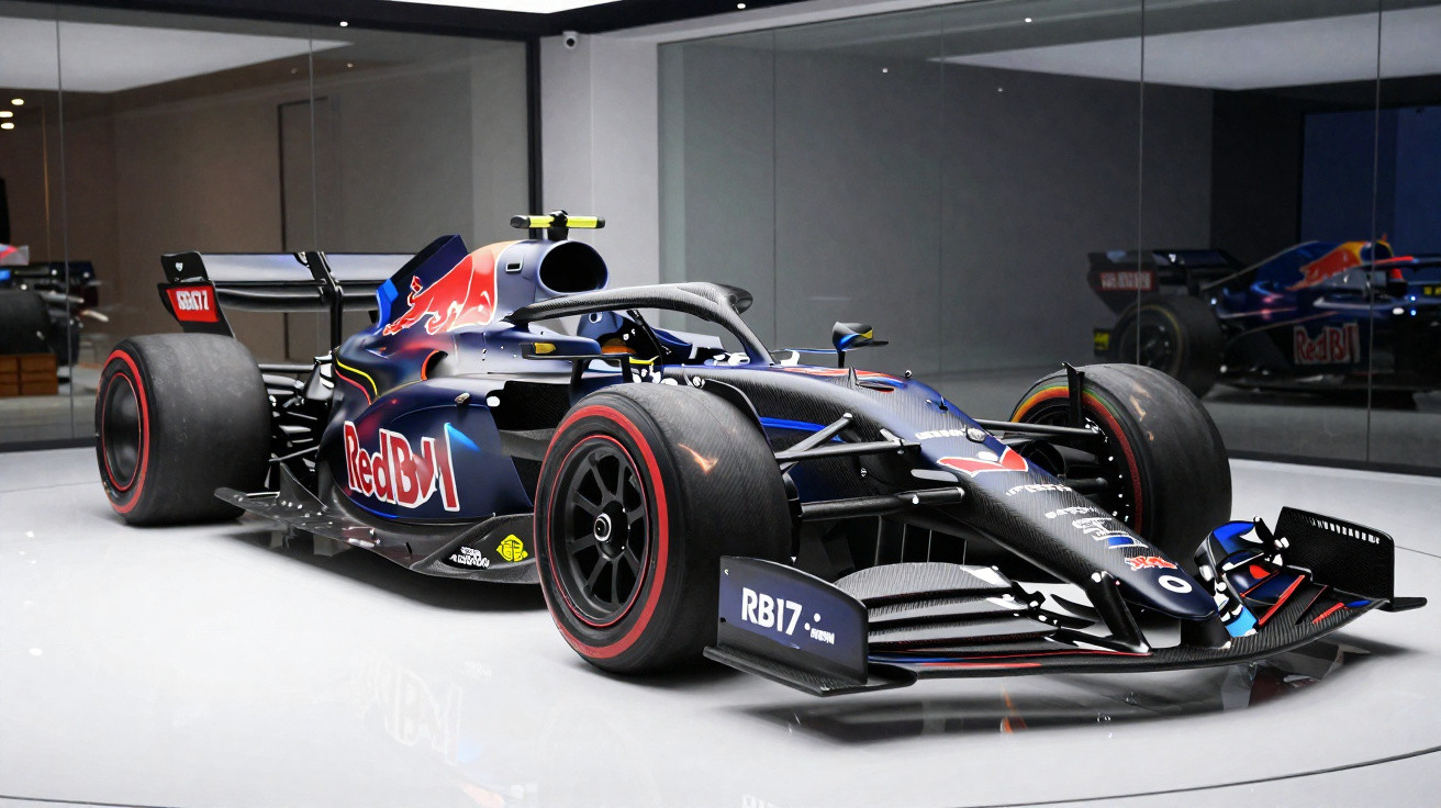 Carro de Fórmula 1 Red Bull RB17 em exposição numa sala com espelhos.