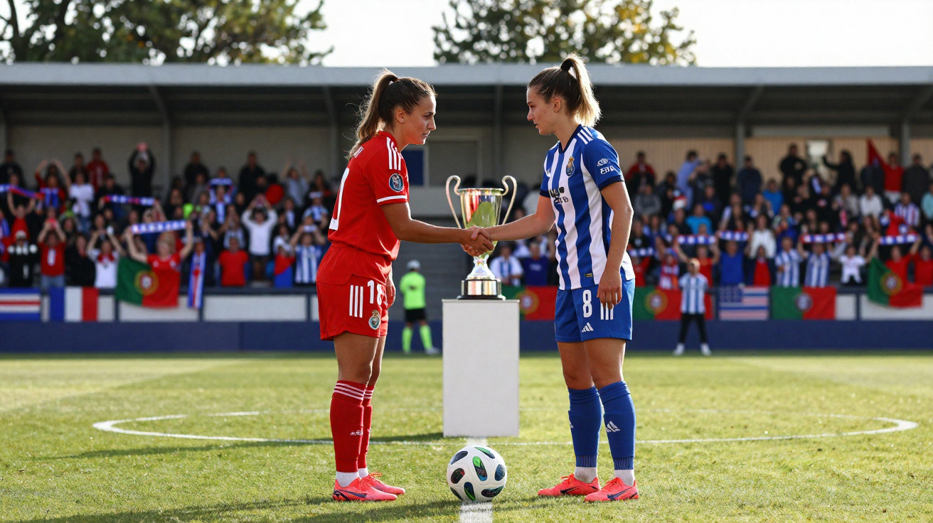 Jogadoras de futebol feminino a cumprimentarem-se com taça ao centro no relvado, público ao fundo.