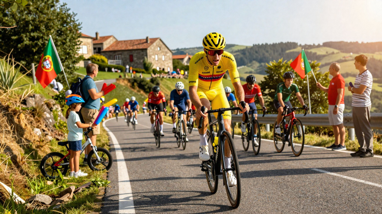 Grupo de ciclistas a pedalar numa estrada rural com espectadores e bandeiras de Portugal.