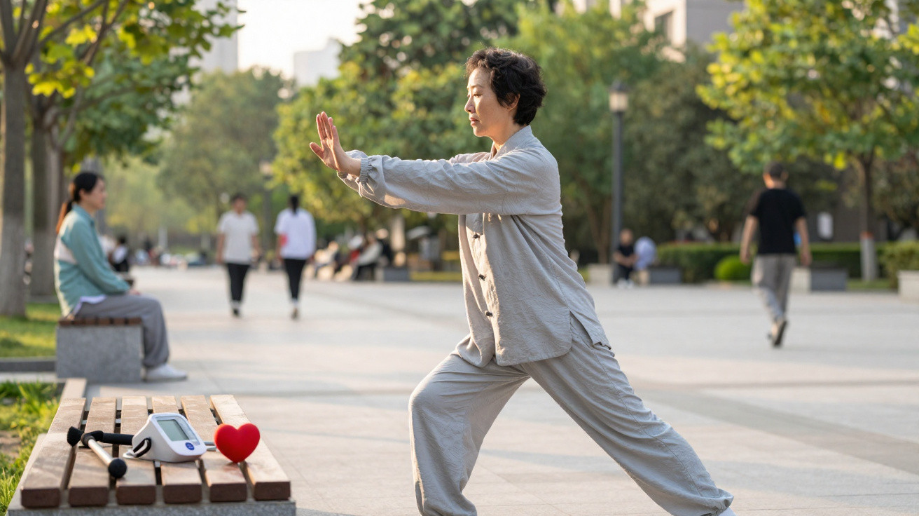 Mulher a praticar tai chi num parque, com aparelho para medir tensão arterial e coração vermelho numa banca.
